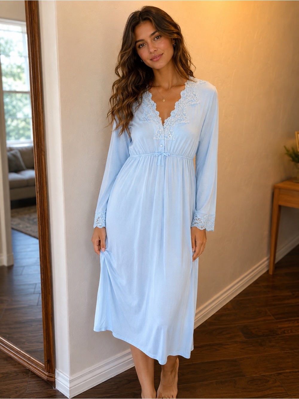 Vintage 1970 Women's Light Blue Lace-Trim Long Sleeve Nightgown
